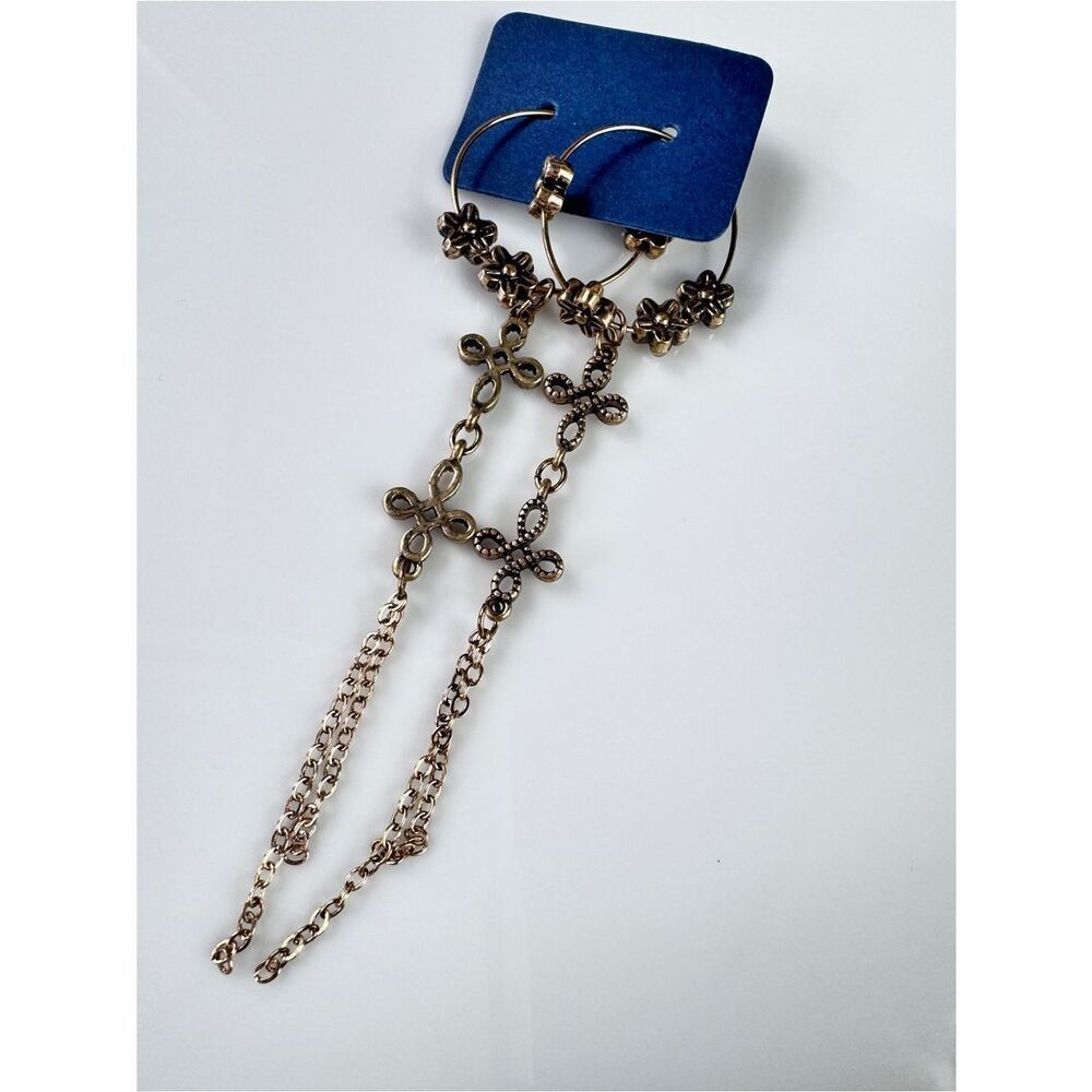 Free People Bronzy Floral Hoop Earrings with Beaded Cross Drops